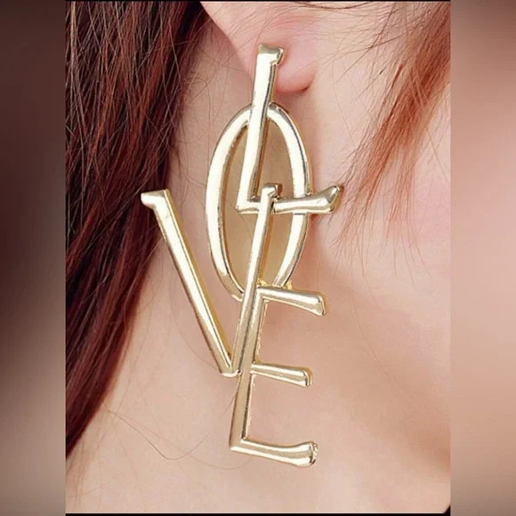 Gold 'LOVE' Statement Drop Earrings for Women - Picture 1 of 3